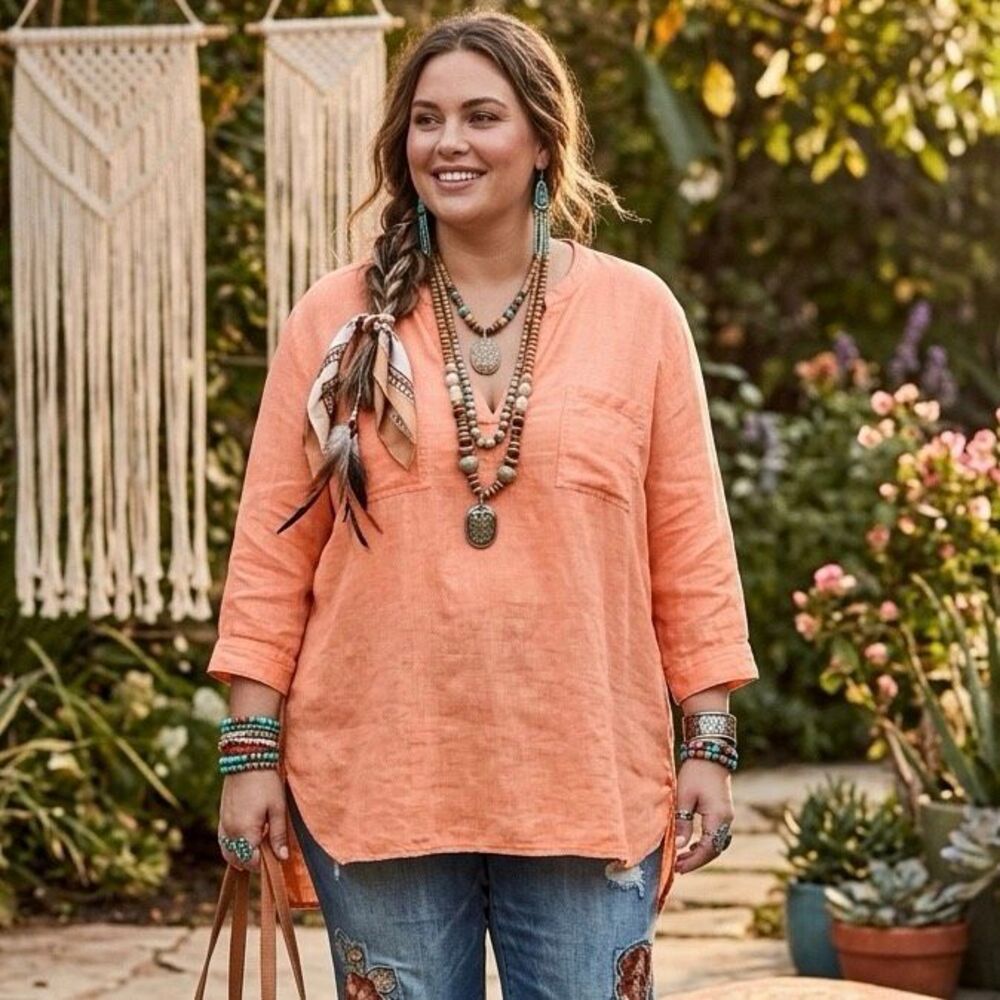 Chico’s Peach Linen Tunic Top Boho Lightweight Hi Low Blouse Size 4